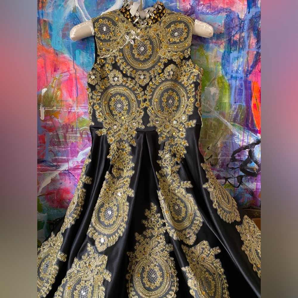 Stunning Black Gold Custom Hand crafted FORMAL Cocktail Evening Wedding DRESS ❤️ - Picture 3 of 13